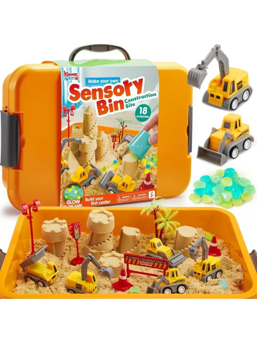 Sensory Bin Construction Kit for Toddlers - Glow in the Dark Stones & Sandbox